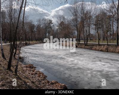 Gefrorener schmaler See mit grauem und blauem Eis und schlichten Bäumen am Ufer. Winterpark in Kiew, Ukraine. Stockfoto