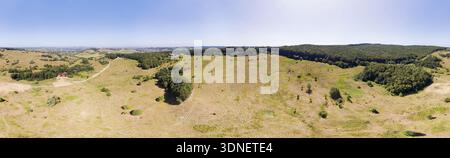 Aus der Vogelperspektive auf goldene Felder und smaragdgrüne Wälder unter einem riesigen Himmel, ein einsames Haus inmitten der sanften Landschaft, in 360 Grad Panorama, Che Stockfoto