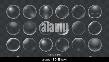 Realistische transparente Blasen mit Reflexionen und Markierungen. Eine vielseitige Designkollektion. Vektorabbildung. Stock Vektor