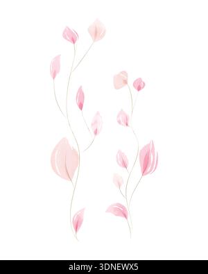 Zwei vertikale Anordnungen von zarten rosa Aquarellblättern. Das weiche, durchscheinende Laub ist an dünnen, fließenden Stielen befestigt und sorgt für ein elegantes botanisches Design. Stock Vektor