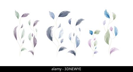 Drei zarte Aquarellblattarrangements stehen vertikal auf einem glatten weißen Hintergrund. Jede anmutige Rebe zeigt weiche Pastellblätter in beruhigenden Grün-, Blau- und Violetttönen. Stock Vektor