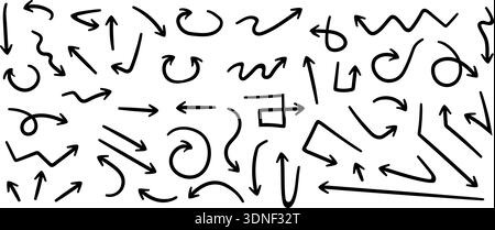 Pfeile Cursors Linearpinsel verschiedener Formen frei handgezeichnet, Doodle Pfeile Richtung Scrapbook Aufkleber für Notizen Stock Vektor