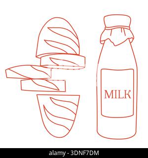 Handgezeichnetes, in Scheiben geschnittenes Brot und eine Flasche Milch-Linie Kunst-Illustrationen isoliert auf weißem Hintergrund Stock Vektor