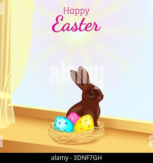 Glückliche Ostern quadratische Vektorillustration mit Schokoladenhase und bunten Eiern im Nest auf sonnigem Fensterbrett mit Morgenlicht und Kopierraum für Text. Stock Vektor