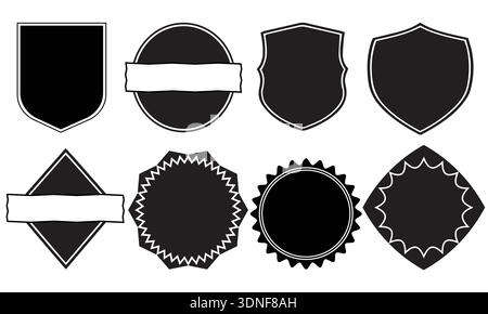 Kollektion vielseitiger schwarzer grafischer Embleme Abzeichen und Wappen mit verschiedenen geometrischen Formen und dekorativen Umrissen, perfekt für Branding und Design Stock Vektor