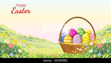 Ostern horizontale Vektor-Illustration mit bunten gemalten Eiern im Korb auf Frühlingswiese Blumen Hintergrund und Kopierraum für Text. Stock Vektor
