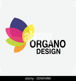 Lebendiges abstraktes Blumenlogo mit sich überlappenden Blütenblättern in violett rosa Gelb Grün und Orange, das Wachstum und Kreativität zusammen mit kräftigem schwarzem Tex symbolisiert Stock Vektor
