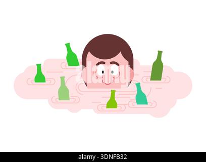 Ein Mann, der in einem Meer von grünen Bierflaschen ertrinkt. Das Konzept der Alkoholsucht, Depression und sozialen Fragen. Illustration des flachen Vektors, der das hangov darstellt Stock Vektor