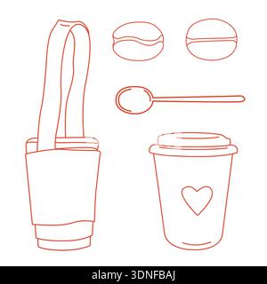 Handgezeichnete Illustrationen von Kaffeetassen zum Mitnehmen, Löffel und gerösteten Kaffeebohnen in modernem Linienkunststil auf weißem Hintergrund Stock Vektor