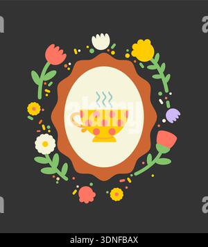 Niedliche Tee- oder Kaffeetasse in einem Vintage-Blumenrahmen auf schwarzem Hintergrund. Symbol für Volkskunst mit Frühlingsblumen. Vektor-Illustration für Küchendekor, Stock Vektor