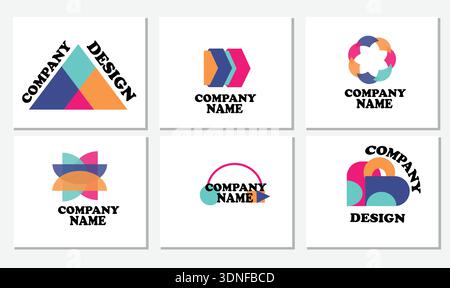 Kollektion aus sechs modernen abstrakten geometrischen Logodesigns mit leuchtenden Farbpaletten, perfekt für die Markendarstellung von Corporate Identity und kreativem Unternehmen Stock Vektor
