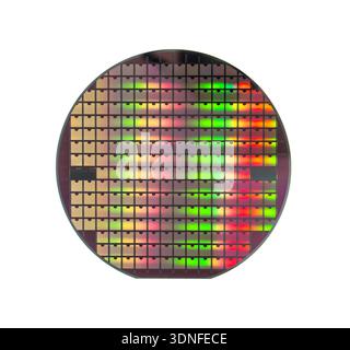 Halbleiter-Wafer-Scheibe aus weiß isoliertem Silizium Stockfoto