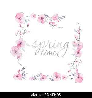 Rahmen mit Sakura-Blüten. Es ist Frühlingszeit. Schöne Kirschblüte Blume Vektor Illustration. Handgezeichnet. Nicht KI, Stock Vektor