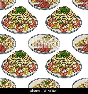 Nahtloses Vektormuster von Pasta mit Lachs und Garnelen, Zitronenscheiben und Petersilie garnieren auf Tellern Stock Vektor