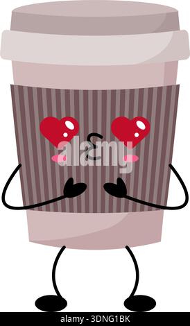 Animierter Kaffee mit niedlichen Funktionen. Verspielter Kawaii-Kaffee mit Herzaugen und geripptem Ärmeldesign Stock Vektor