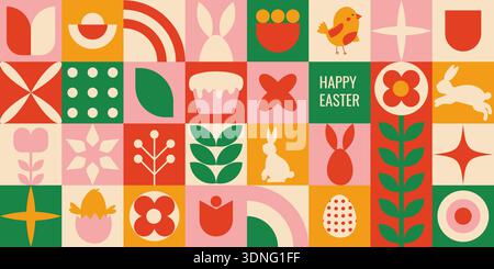 Lebendiges Retro-Mosaikgitter mit Küken, Kaninchen, Eiern, Blumen und Sonnen in kräftigen Orange-, Korallen- und Grüntönen, die geometrische Mid-Century-Formen schaffen Stock Vektor