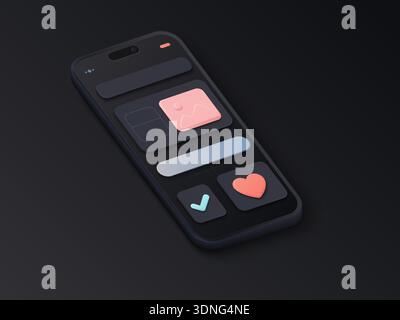 Minimale dunkle mobile Benutzeroberfläche mit 3D-Elementen, Herz- und Prüfsymbolen und schlankem Schnittstellenlayout für App- oder Webdesign-Projekte Vektorillustration Stock Vektor