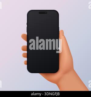 Realistische 3D-Hand, die ein leeres schwarzes Smartphone hält und die Mobilgerätetechnologie und Benutzerinteraktion auf einer Vektorgrafik mit weichem Verlauf zeigt Stock Vektor