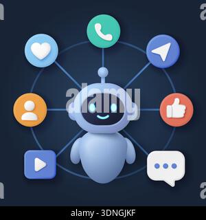 Freundlicher 3D-Chatbot, umgeben von Symbolen für die Kommunikation über mehrere Kanäle, einschließlich Chat, Anruf, Like und soziale Medien, die die Vektorillustration für den digitalen Kundensupport darstellen Stock Vektor