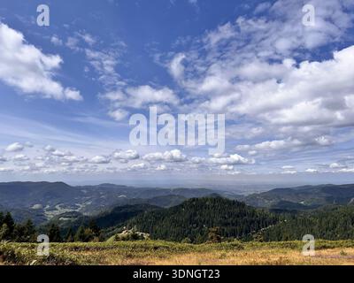 Berglandschaft mit üppigen grünen Hügeln, felsigen Hängen und fernen Schichtgipfeln Stockfoto