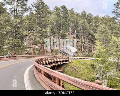 Malerische, Gewundene Forest Road Durch Die Bergige Kiefernlandschaft Stockfoto