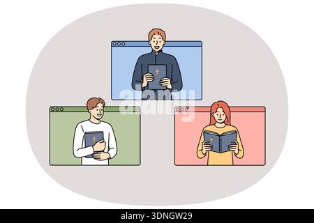Online-Messe von Priestern, die Bibel lesen, mit Gläubigen, die aus Computerfenstern schauen. Menschen studieren christliche und katholische oder orthodoxe Religion und Gebet durch eine ferne Messe im Internet Stock Vektor