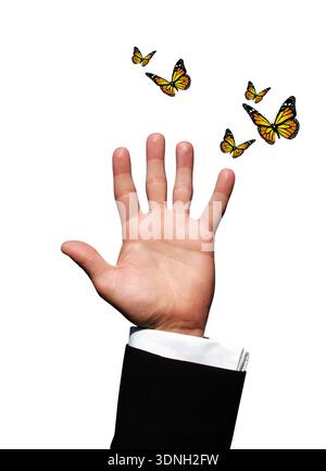 Schmetterlinge und Hand Stockfoto