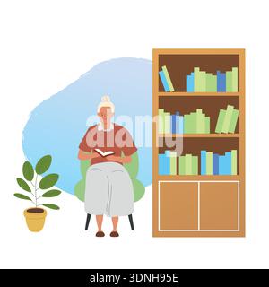 Ältere Frau sitzt zu Hause im Sessel oder in der Bibliothek, die Bücher liest. Gemütliches Interieur mit Pflanzen, Bücherregal. Vektorabbildung. Stock Vektor