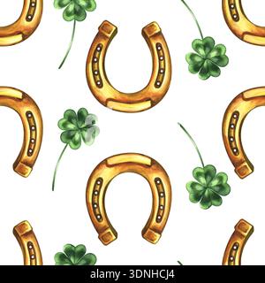 Nahtloses Muster mit Hufeisen und vierblättrigem Kleeblatt. Handgezeichnete Aquarellillustration. Symbol für Erfolg und Glück. Für Hintergründe, Textilien Stockfoto