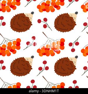 Mehrfarbiges, nahtloses Herbstmuster mit Beeren. Herbstlaub und süße Igel. Muster für Kinder Stock Vektor