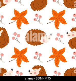 Mehrfarbiges, nahtloses Herbstmuster mit Beeren. Herbstlaub und süße Igel. Muster für Küchendesign, Menüs, Tapeten, Textilien Stock Vektor