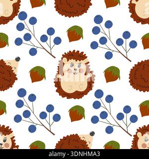 Mehrfarbiges, nahtloses Herbstmuster mit Beeren. Herbstlaub und süße Igel. Muster für Kinderzimmer Stock Vektor