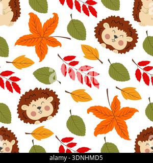 Mehrfarbiges, nahtloses Herbstmuster mit Beeren. Herbstlaub und süße Igel. Muster für Kinderzimmer, Tapete Stock Vektor