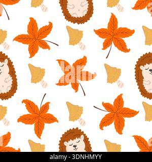 Mehrfarbiges, nahtloses Herbstmuster mit Beeren. Herbstlaub und süße Igel. Muster für Küchendesign, Menüs und Tapeten Stock Vektor