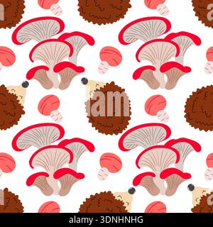 Niedliches, nahtloses Herbstmuster mit Pilzen. Märchenpilze und Igel. Dieses Muster eignet sich perfekt für Küchendesign, Menüs, Tapeten und Textilien Stock Vektor