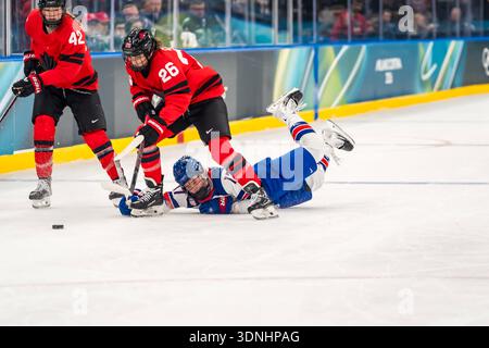 Mailand, Lombardei, USA. Februar 2026. Stürmer Britta Curl #17 des Teams United States spielt bei den Olympischen Winterspielen 2026 in Milano Cortina in der Vorrunde Gruppe A in der Milano Santagiulia Eishockey Arena in MAILAND, Italien. Team USA besiegt Kanada mit 5:0. (Kreditbild: © Walter G. Arce Sr./ASP via ZUMA Press Wire) NUR REDAKTIONELLE VERWENDUNG! Nicht für kommerzielle ZWECKE! Stockfoto