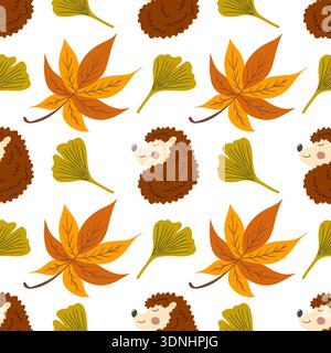 Nahtloses Herbstmuster mit Beeren. Herbstlaub, süße Igel. Muster für Kinderzimmer Stock Vektor