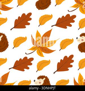 Nahtloses Herbstmuster mit Beeren. Herbstlaub, süße Igel. Muster für Kinderzimmer, Tapete Stock Vektor
