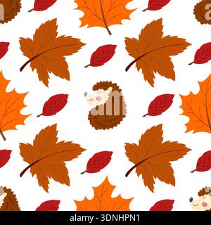 Nahtloses Herbstmuster mit Beeren. Herbstlaub, süße Igel. Muster für Kinderzimmer, Tapeten, Textilien Stock Vektor