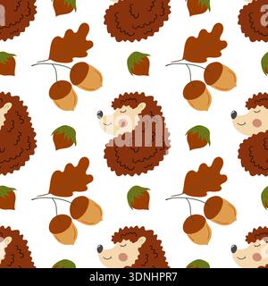 Nahtloses Herbstmuster mit Beeren. Herbstlaub, süße Igel. Muster für Kinderzimmer, Tapeten, Textilien, Kleidung, Hintergründe Stock Vektor