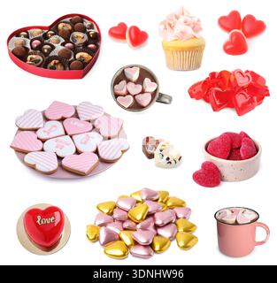 Herzförmige Süßigkeiten zum Valentinstag isoliert auf weiß, Set Stockfoto