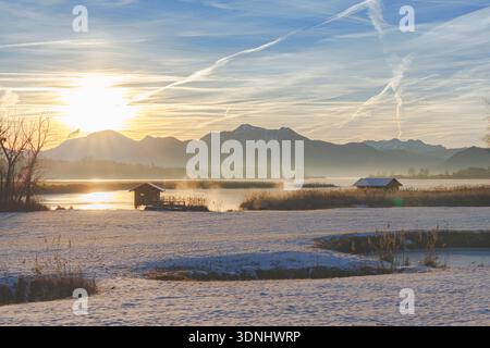 Sonnenaufgang am Silvestermorgen, gefrorene Bucht mit Schilf vor einem Alpenpanorama, mit Verdunstungsnebel über offenen, warmen Bereichen, vom Himmel zerrissen Stockfoto
