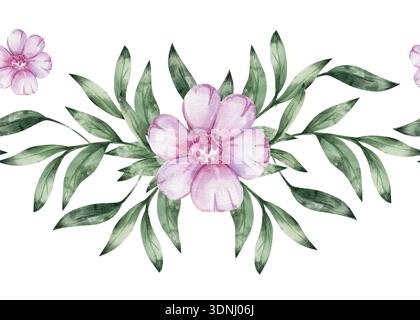 Nahtloser Aquarellrand mit zarten rosa Blüten und satten grünen Blättern, handbemalt. Isoliert auf weißem Hintergrund. Für Dekorationen, Grußkarten, Textilien, Druck, Inneneinrichtung Stockfoto