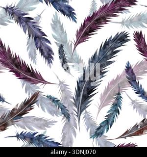 Realistisches nahtloses Aquarellmuster aus dunklen Vogelfedern auf weißem Hintergrund, handgezeichnet, ideal für mystisches Textildesign, esoterische und Naturtapeten Stockfoto
