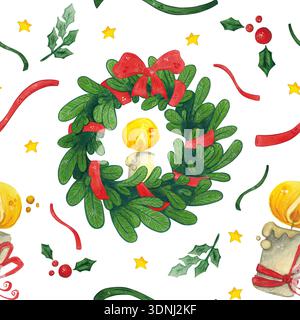 Nahtloses Muster mit Weihnachtskranz, Kerze und Band. Handgezeichnete Aquarellillustration, Zeichentrick. Design für Poster, Karten und Scrapbooking Stockfoto