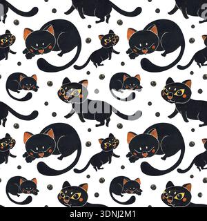 Nahtloses Muster verschiedener schwarzer Katzen unter schwarzen Punkten. Halloween-Feiertag. Aquarellillustration handgezeichnet. Zeichnung für Papier, Textil Stockfoto