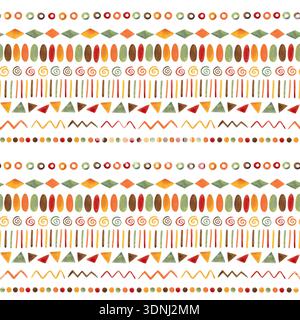 Nahtloses Muster mit afrikanischem Motiv geometrischer Formen. Aquarellillustration, handgezeichnet, Zeichentrickfilm. Zeichnung für Textilien, Papier, Karten, Aufkleber Stockfoto