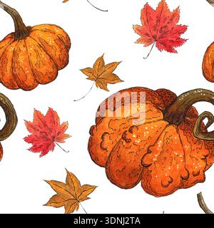 Nahtloses Muster von Kürbissen und Ahornblättern. Handgezeichnete Illustration mit Aquarell und Tinte. Zeichnung zum Drucken auf Stoff, Papier, Scrapbooking Stockfoto