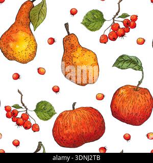 Nahtloses Muster von Äpfeln, Birnen und Weißdornbeeren. Handgezeichnete Illustration mit Aquarell und Tinte. Zeichnung für Poster, Geschirr, Postkarten Stockfoto