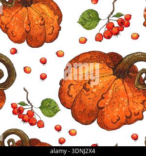 Nahtloses Muster von Kürbissen und Weißdornbeeren. Handgezeichnete Illustration mit Aquarell und Tinte. Zeichnung zum Bedrucken auf Stoff, Papier Stockfoto
